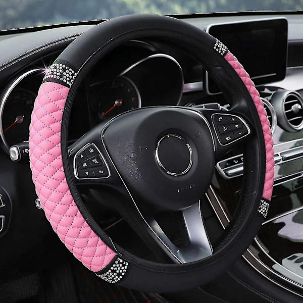 Diamant Läder Ratt Hjulskydd För Kvinnor Flickor, Med Bling Bling Kristall Rhinestones, Universal Passform 15 Tums Bil Ratt Skydd (rosa)