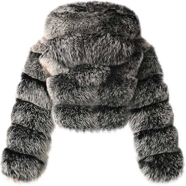 Kunstpelsjakke til kvinder med hætte - Korte, bløde boblerjakker i fleece - Varme jakker i plusstørrelser - Vinterjakker til kvinder Dark Gray S