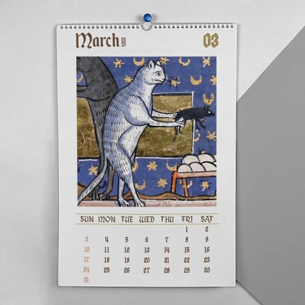 Kalender med malerier af middelalderlige katte 2024, kalender med grimme middelalderlige katte 2024, kalender med vægmalerier af grimme middelalderlige katte, kalender med gave med mærkelige middelalderlige katte 1pcs