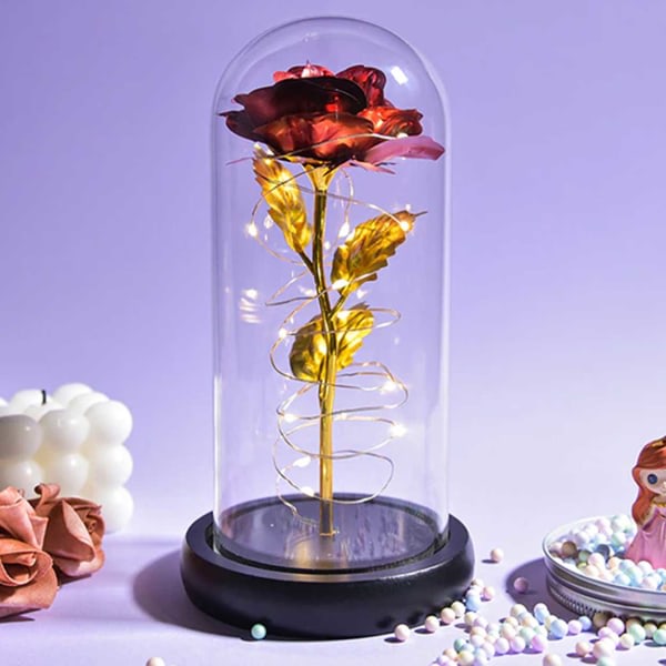 24k Gold Rose - kullattu Eternity Rose lasikupissa kultaisilla lampuilla