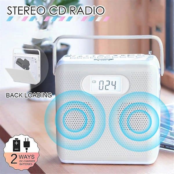 Bärbar Bluetooth CD-spelare med vertikal design, CD-boomboxhögtalare, FM-radio, stöder USB, AUX Vit