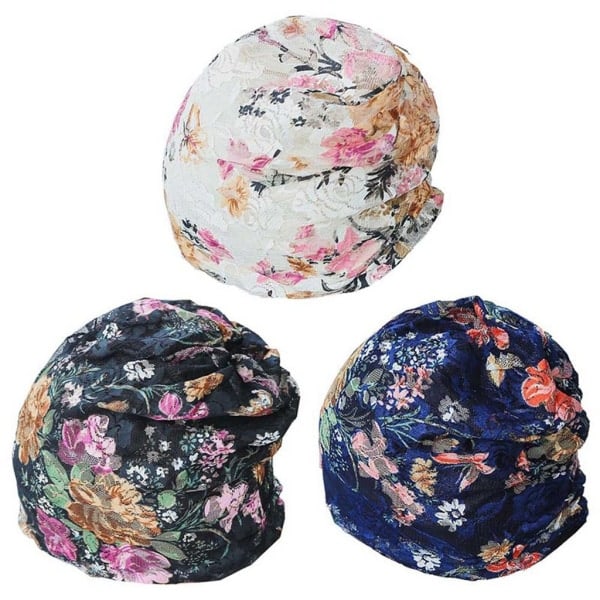 3-pack blommig spetsmössa, chemo beanie-hattar för kvinnor