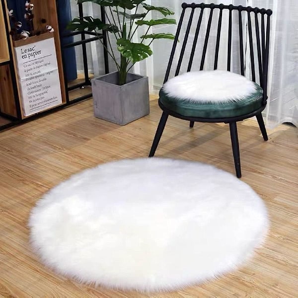 Faux pels fåreskind stil tæppe, Faux fleece stolbetræk sædepude blød fluffy shaggy område tæpper til soveværelse sofa gulv (rund hvid, 45 x 45 cm) Round White 45 x 45 cm