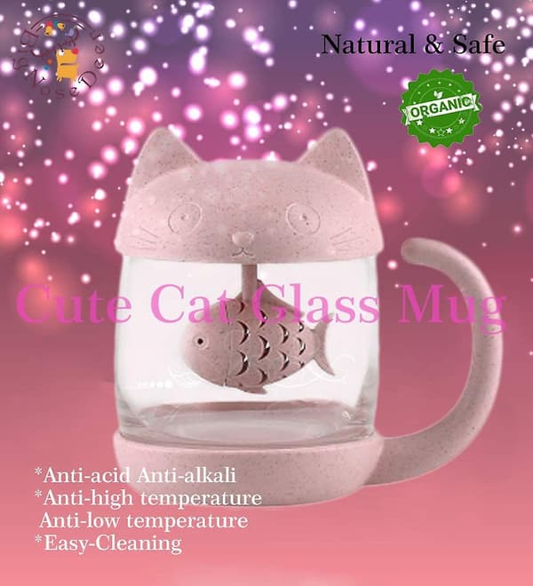 Kattglas Teekopp Vattenflaska - Med 250ml (8oz) Fishbread Infusionsfilter (rosa)