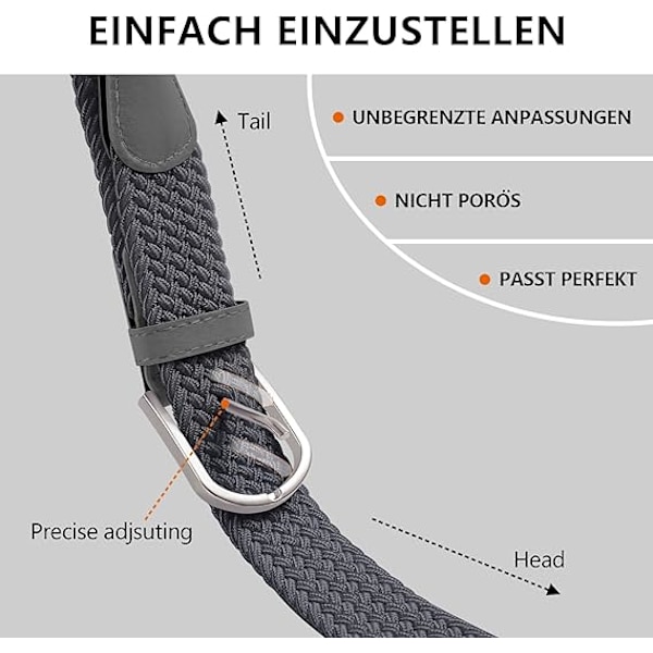 Herrbälte, elastiskt flätat bälte unisex män kvinnor flätat elastiskt stretch vävt bälte 33mm(1,25\"), längd 42\"(107cm) passar midja 33\"-36\", flera färger Grey