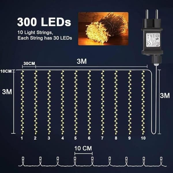 3m x 3m Julelyslenke, 300 LED, med transformator, timer, 8 moduser, vanntett, for bryllup, [Energiklasse F]
