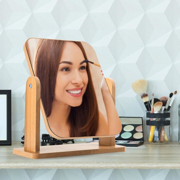 Træ Makeup-spejl Toiletbordsspejl 360° drejeligt skrivebordsspejl Firkantet spejl til toiletbord Skrivebord, badeværelse, soveværelse