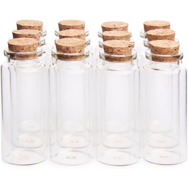 Mini 30 ml glasburkar (3 cm x 7 cm) med kork och träproppar, önskeflaskor/meddelandeflaskor (12 stycken)