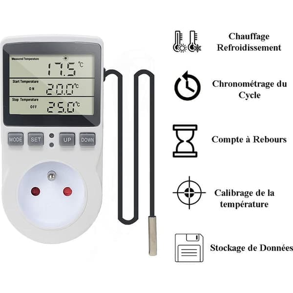 Termostatbryter, Digital Temperaturkontroller, 220V Oppvarming og Kjøling med Probe, LCD Temperaturkontroller Plugg
