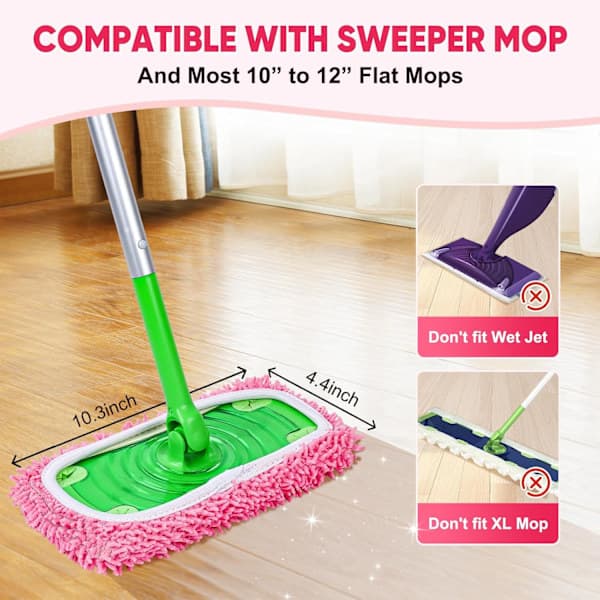 6-pack återanvändbara moppdynor kompatibla med Swiffer Sweeper, chenillemopprefiller, torra och våta moppdukar för golvrengöring - Rosa