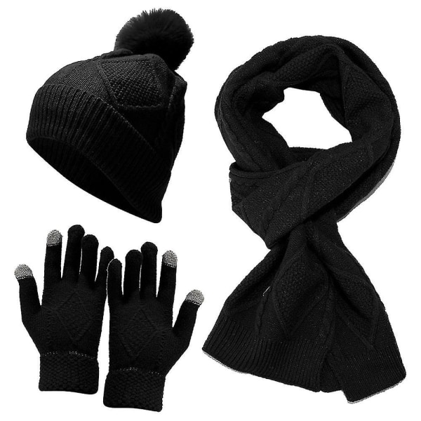 Dam vinterstickad varm mössa +lång halsduk+handskar Set Kepsar Halsdukar för kvinnor män - Beige black