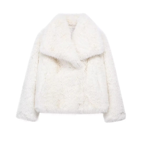 TRAFZA - Korte syntetisk skinnjakke for kvinner, tykk og varm langærmet jakke, ensfarget, elegant, trendy, vinterjakke White M