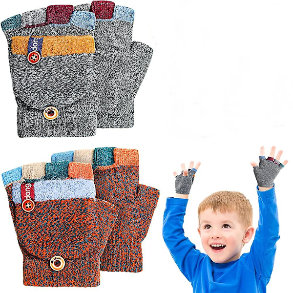 2 par barn vinter stickade handskar, konvertibla varma handskar flip top fingerlösa handskar flerfärgad design, höst och vinter barn handskar randiga