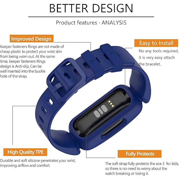 Fitbit Ace 3 -yhteensopivat rannekkeet lapsille, pehmeät silikonista valmistetut vedenpitävät rannekorutarvikkeet, urheilukellon rannekkeen vaihtohihna Fitbit Inspire 2/Ace 3 -laitteisiin Blue