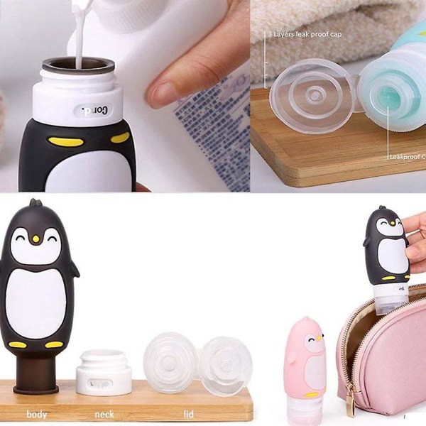 4-pakning 90 ml lekkasjesikre reiseflaskersett Tsa-godkjent silikon søte pingvin-reiseflasker, klembare og gjenfyllbare kosmetiske kompatible med sjampe