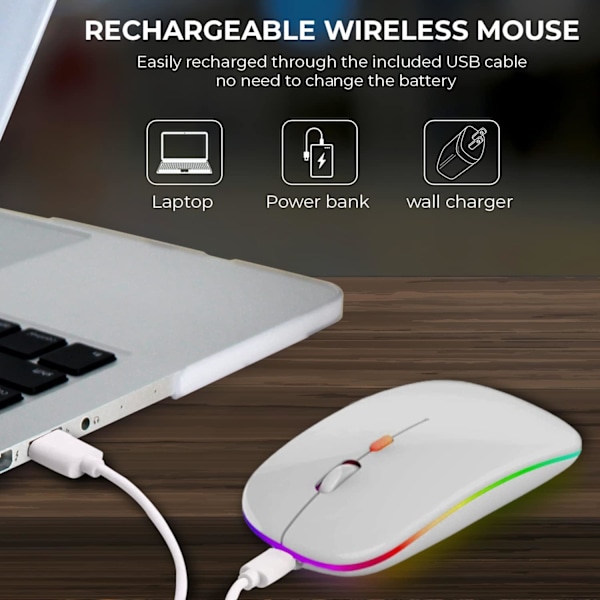 LED trådløs mus, slank genopladelig trådløs lydløs mus, 2.4G bærbar USB optisk trådløs computermus med USB-modtager til notesbog, pc, bærbar computer White