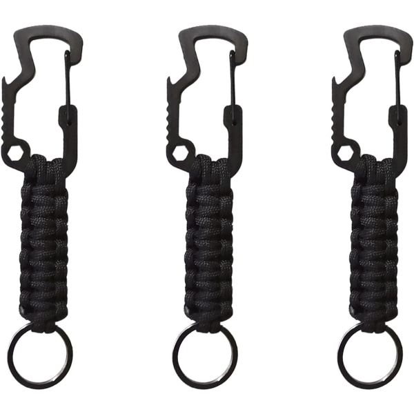 3 stk Nøkkelringer med karabinklemmer Flettet lanyard Ringkrokklemmer Heavy Duty karabinkrok for ryggsekk Camping Vandring, Svart, 14*10,5