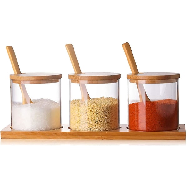 Krydderbeholder Krydderbokssett Krydderbeholdere i glass med treskjelokk og bunn