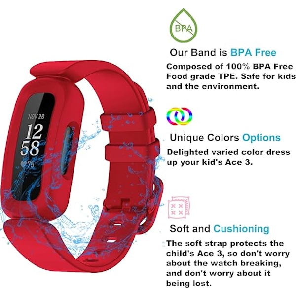 Fitbit Ace 3 -yhteensopivat rannekkeet lapsille, pehmeät silikonista valmistetut vedenpitävät rannekorutarvikkeet, urheilukellon rannekkeen vaihtohihna Fitbit Inspire 2/Ace 3 -laitteisiin Red