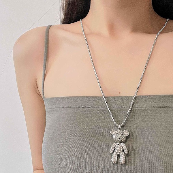 Cubic Zirconia Björnhalsband Full Diamond Teddy Bear Hänge Halsband Silver Lång Box Kedja Halsband Söta Djur Kristall Björnhalsband Smycken Present