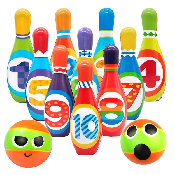 Skum bowling sæt til børn, 10 indendørs farverige pins 2 bowlingbolde, legetøj til småbørn med nummer, sport Gif