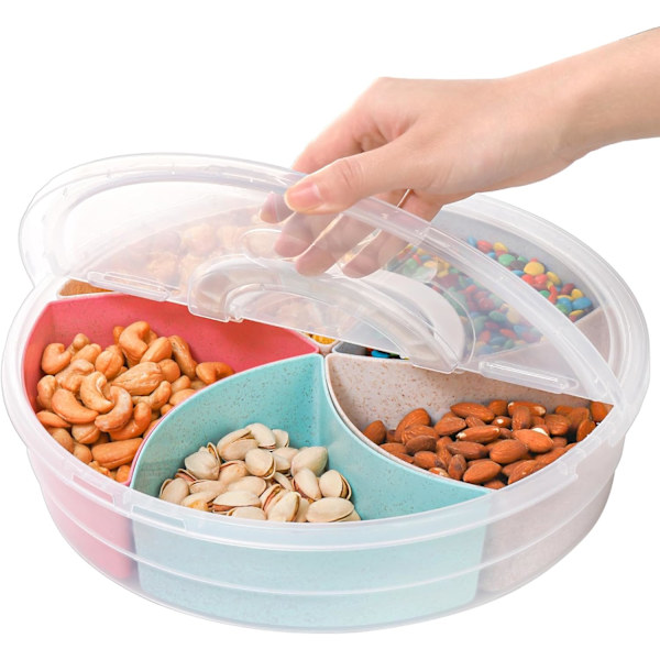 Snack-serveringsbrett med lokk, 12-tommers fruktbeholder, 5-roms rund forrettbrikke, delt plastmatbeholder, organiseringsplate for snacks