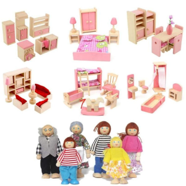 Børns lyserøde træmøbler dukkehus miniature værelse sæt dukke legetøj til gave Diy 6 Dolls Family Set