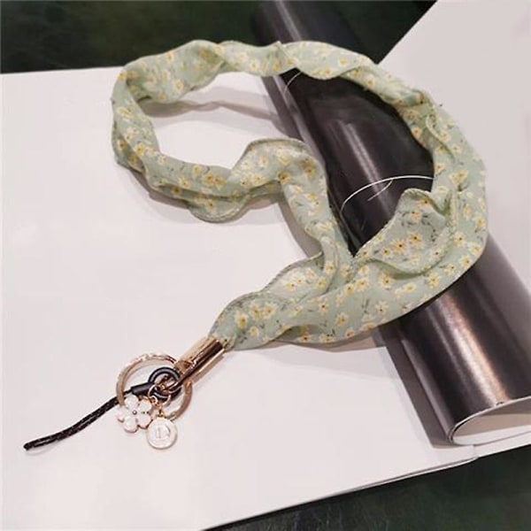 Blomster chiffon silke tørklæde stil telefon lanyard metal vedhæng nøglering telefon hals strop Green