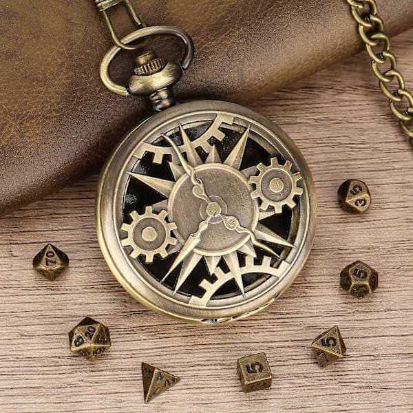 Mini DND terningesett med terningesett, 7 polyedriske metallterninger, steampunk-stil klokke, bronse