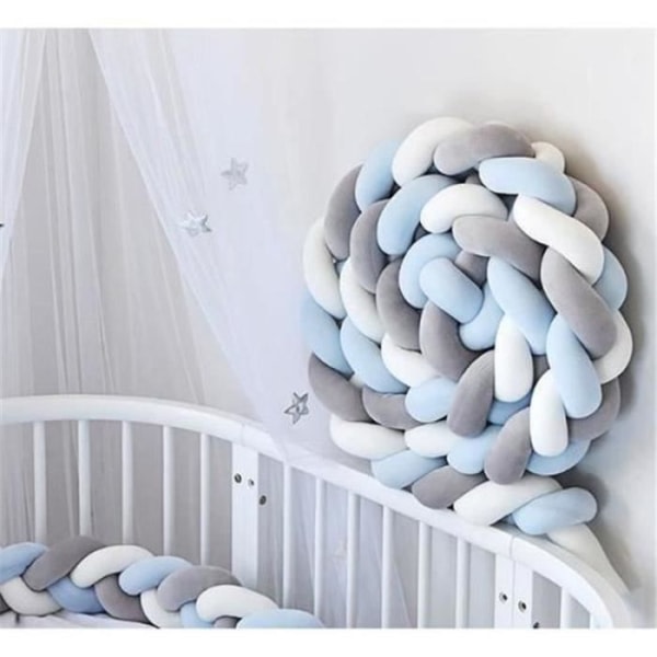 3M Cot Bumper Snake Cushion Braided Cushion Bumper Velvet Baby Protection (White+Grey+Blue)