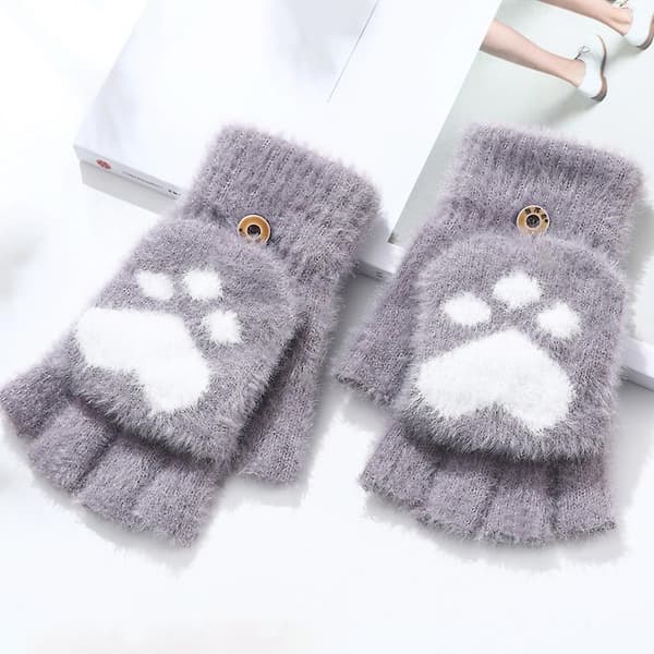 Strikkede plys flip handsker vinter halv finger handsker kvinders søde handsker grey
