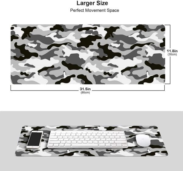 Svart, grå og hvit gaming musematte, stor, camo grå, lang, utvidet, skrivebordsmatte, kamuflasje, stor musematte for hjemmet