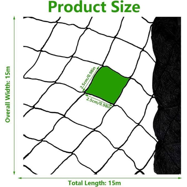 Fuglenet - 15m x 15m - 2,5 x 2,5cm masker - UV-bestandig nylon - Sort