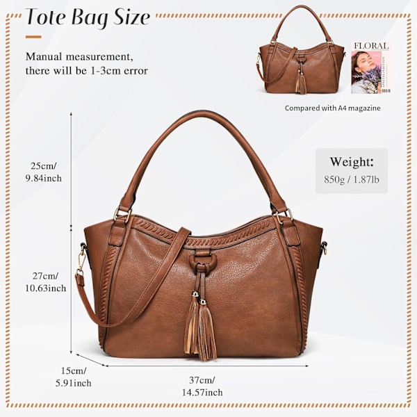 Dametasker, Frynset Shopper Taske Mode Crossbody Taske i PU Læder Håndtaske til Arbejde, Daglig Brug og Fester Brown