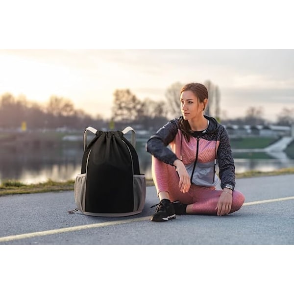 Gym Bag String Svømme PE Bag Sport Gym Drawstring Bag Vanntett Drawstring Sport Bag med Utvendig Glidelås for Sport Strandferier Svømming Reise Black