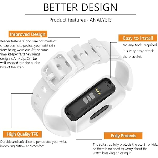 Remmar kompatibla med Fitbit Ace 3 för barn, mjuka silikon vattentäta armband tillbehör sportklocka armband ersättning för Fitbit Inspire 2/Ace 3 White