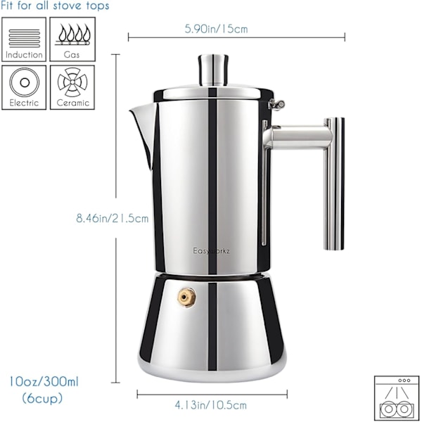Easyworkz Espressomaker for Komfyr i Rustfritt Stål - Italiensk Kaffemaker - Induksjons Moka Pot 6Cup 10oz