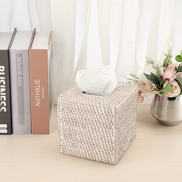 Rattan fyrkantig servettbehållare  Servettförvaringslåda Kub Servettförvaringslåda Dispenser för huskontor Bilhotell, Vitkalkad