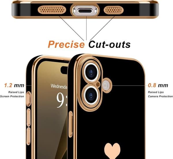 iPhone 16 Pro deksel for kvinner, pent støtsikkert silikonbeskyttelsesdeksel med kjærlighetshjertedesign