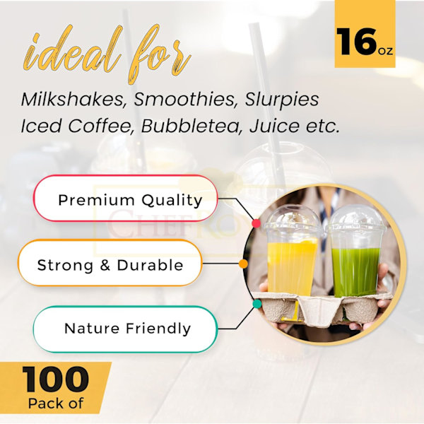 100 stk. Plast Smoothiekopper med Kuppellokk Smoothiekopp med Lokk for Smoothies - Resirkulerbare Kopper (100 Pakke) 16oz