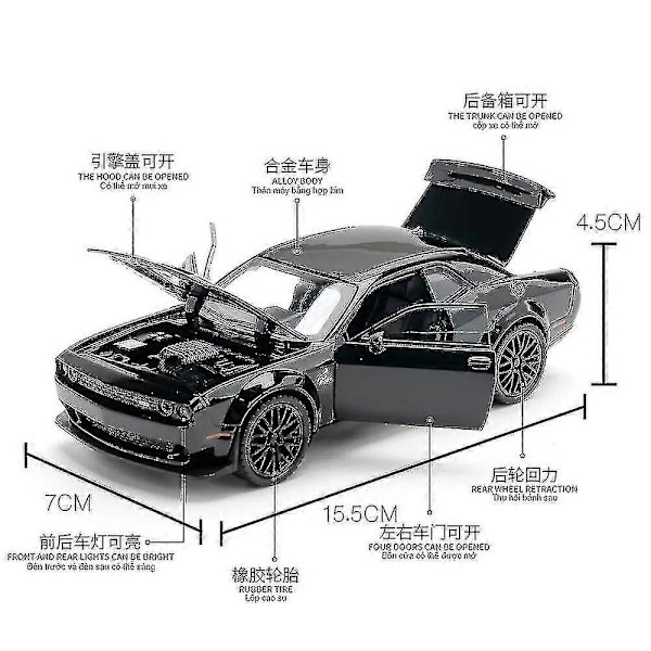1:32 Dodge Challenger Hellcat Redeye Alloy Muscle Car -mallin ääni- ja valoefektit, lasten lelukeräilyesine, syntymäpäivälahja Boris Black