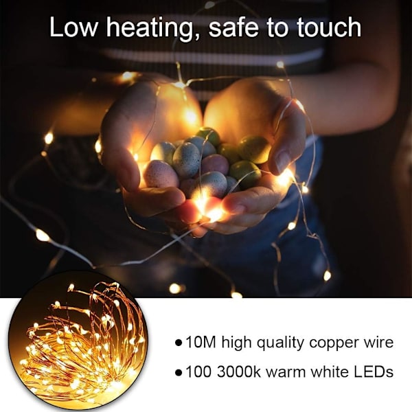 2 Pakke Fe-lyskæder, Cooper Lyskæde, 100 LED'er 10 M Varm Hvid Fe-lys, Vandtæt IP65 Kobbertrådslys (Batteri Ikke Inkluderet)