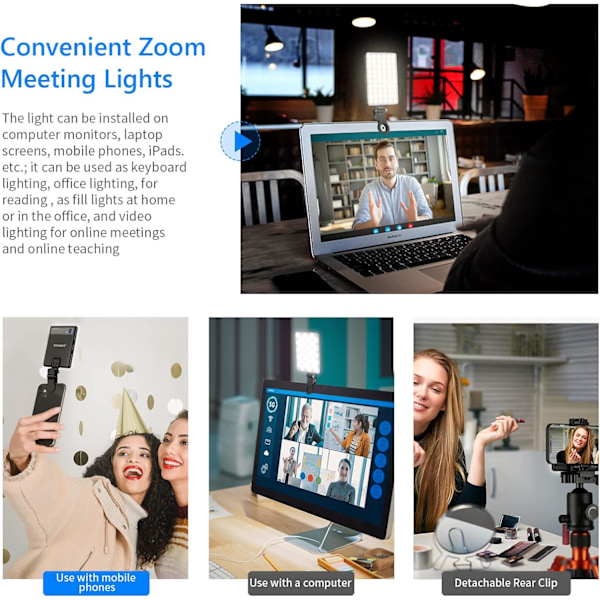 Selfie-ljus med främre och bakre telefonklämma, hög effekt 60 LED 2000mAh laddningsbar CRI 95+, 3 ljuslägen, bärbar klämma på ljus, TikTok videofyllningsljus