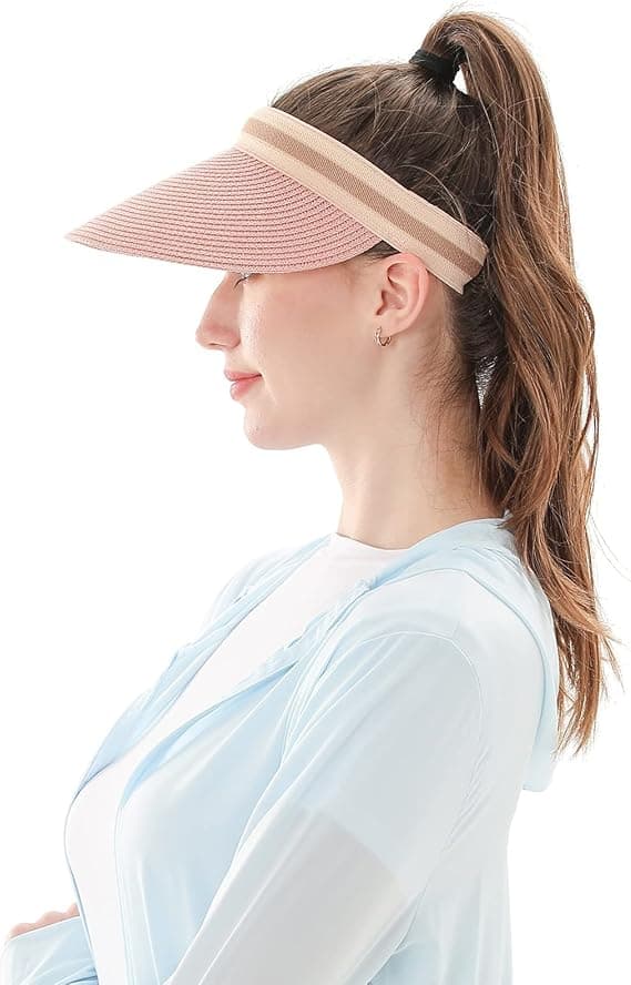 Kvindesolhat med bred skygge i strå til strand og golf - Sommerhat Pink
