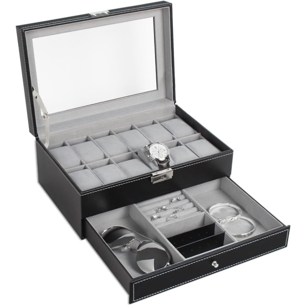 Urkasse, 12 slots dobbeltlags urkasse premium display håndværk, luksus etui arrangør, elegant arrangør til smykker, armbånd, halskæder, sort