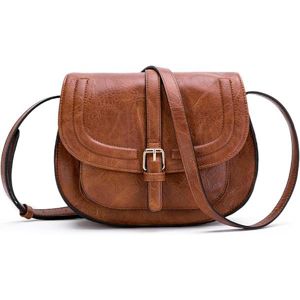 Crossbody-väska för kvinnor, liten axelväska och vintage sadelväska i veganskt läder