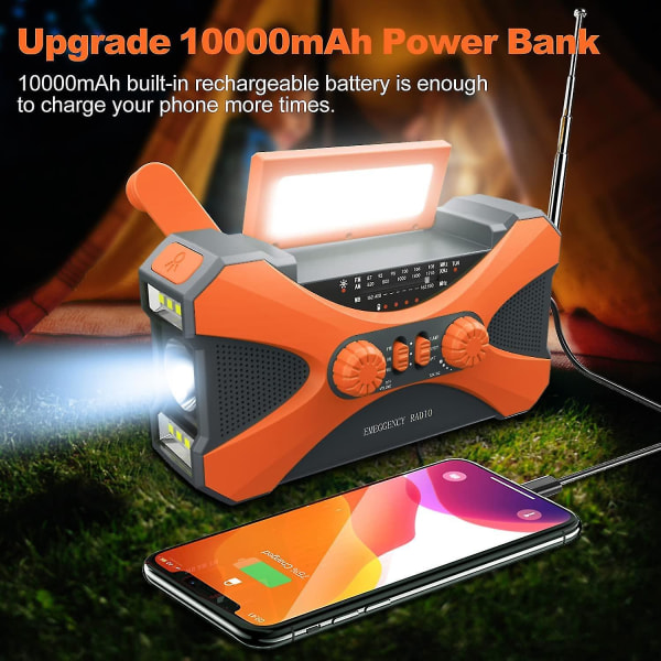 10000mah nødradio, solar håndsving radio, bærbar Am/fm/noaa vejrradio med telefonoplader lommelygte Orange