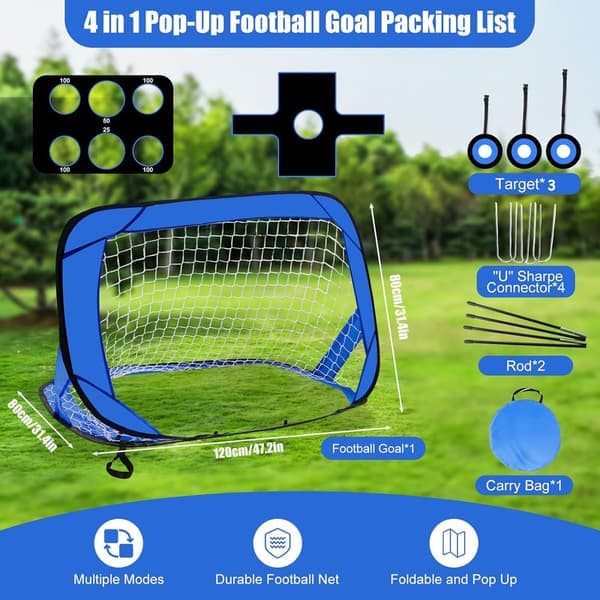4-i-1 Foldbart Fodboldmål, Foldbart Fodboldmål, Bæretaske, Fodboldmål til Børn, 120×80×80cm, Sort + Blå