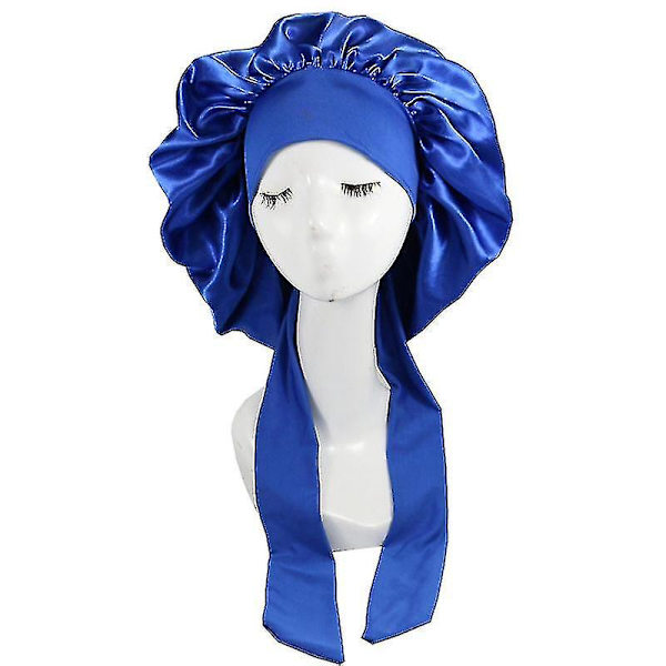 Silke Bonnet Satin Bonnet Til Sovende Bonnet Med Bånd Nat Hue Høj Kvalitet Blue