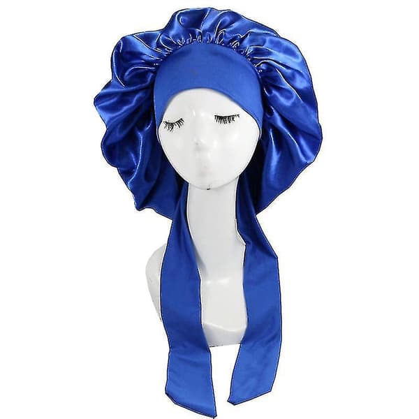 Silkeslen Satin Bonnet för sovande mössa med slipsband Nattmössa Hög kvalitet Blue